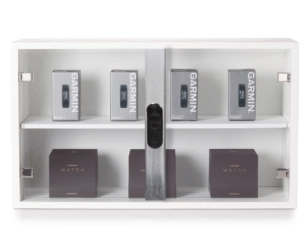 Plunger Lock LIVE em gabinetes de vidro que protegem os produtos Garmin