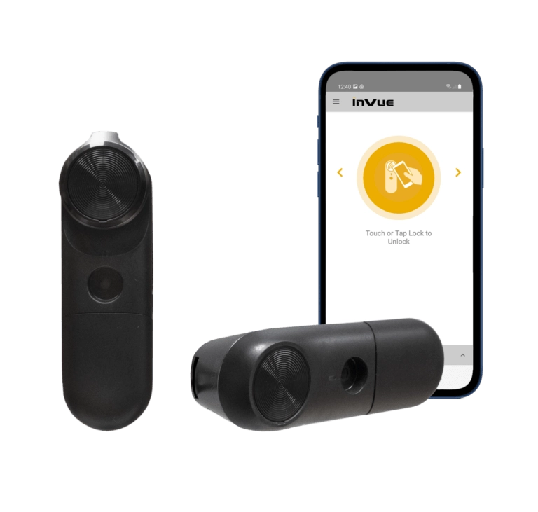 Plunger Lock InVue LIVE  para portas de vidro com estrutura metálica e portas de madeira com desvio