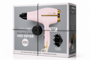 Um dispositivo de segurança que protege uma caixa contendo um secador de cabelo.