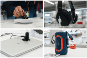 Fones de ouvido, auriculares, laptops, pequenos eletrônicos e caixas de som sendo guardados e exibidos por InVue 's Zips solução de segurança.