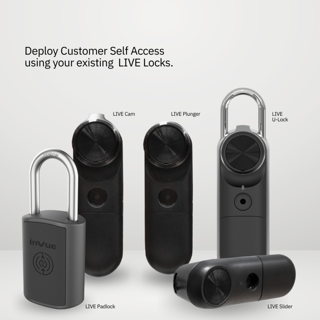 InVue LIVE Linha de fechaduras compatível com o sistema de autoatendimento ao cliente, incluindo LIVE Cam, LIVE Plunger, LIVE U-Lock , LIVE Padlock e LIVE Slider