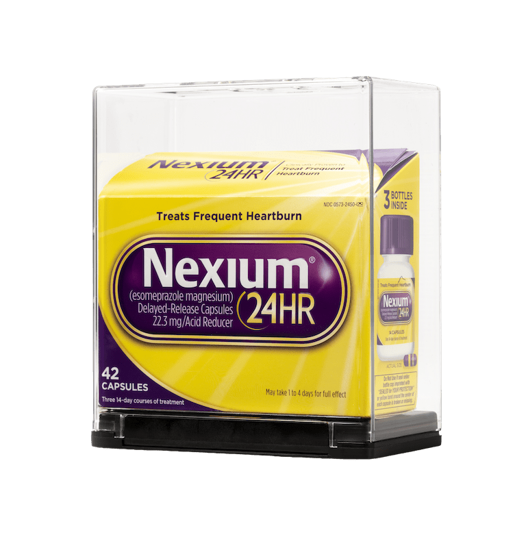 Caixa do medicamento Nexium em uma caixa de segurança Sell-Thru