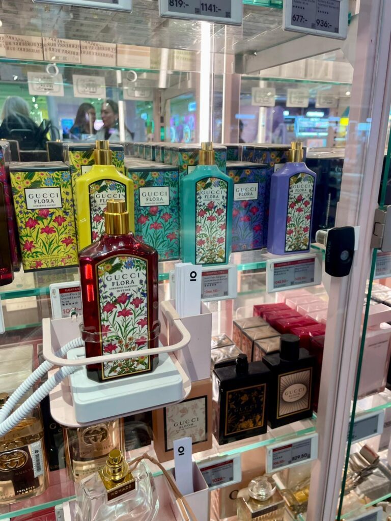 Testador de perfumes preso com Zips para evitar roubos em uma loja de varejo.