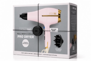 Um dispositivo de segurança que protege uma caixa contendo um secador de cabelo.