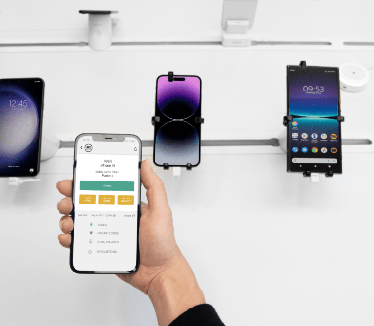 Telefones alinhados em uma tela com OnePODs
