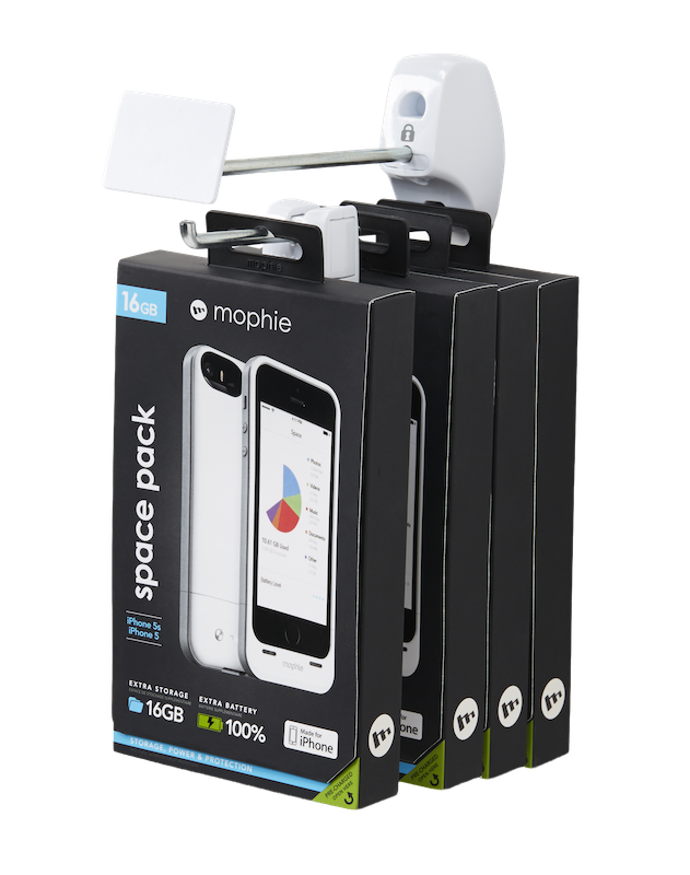 Caixa de acessórios telefônicos pendurada em um gancho de segurança InVue .