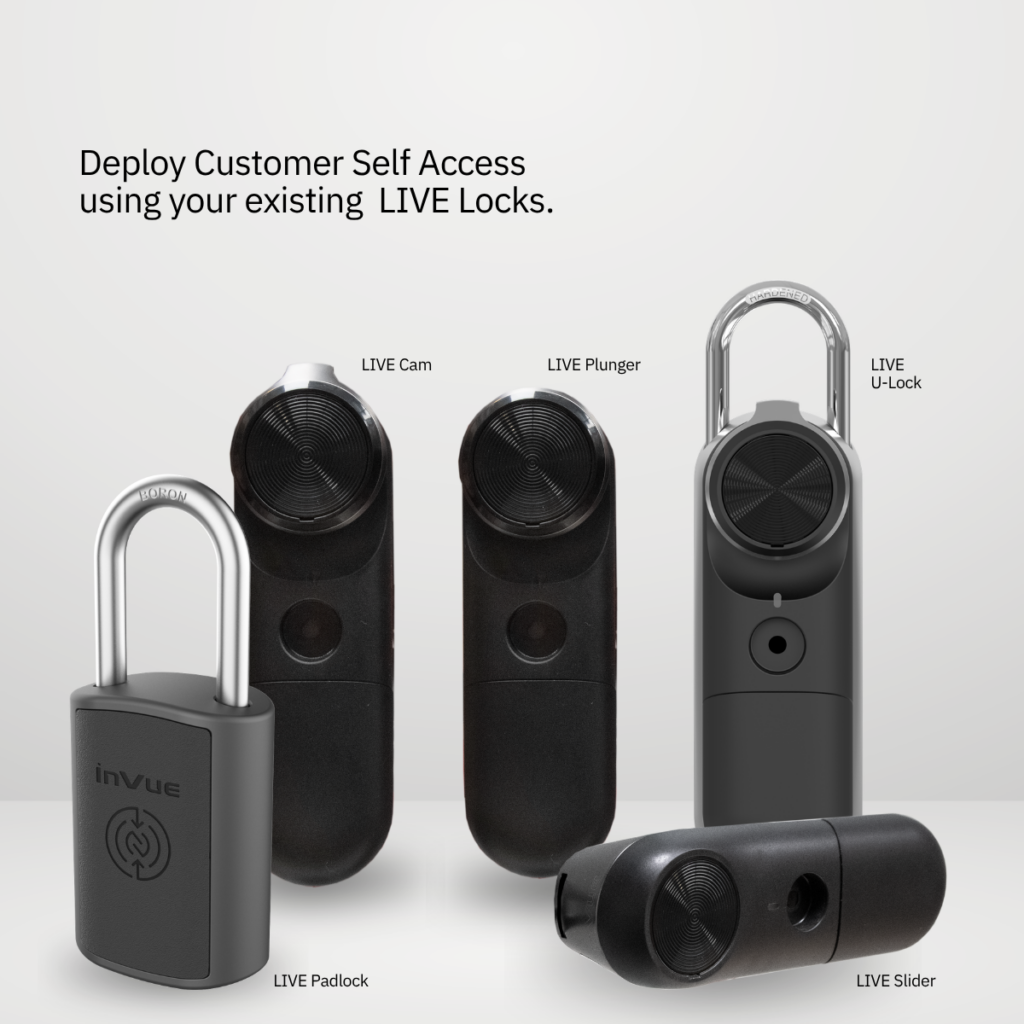 InVue LIVE Linha de fechaduras compatível com o sistema de autoatendimento ao cliente, incluindo LIVE Cam, LIVE Plunger, LIVE U-Lock , LIVE Padlock e LIVE Slider